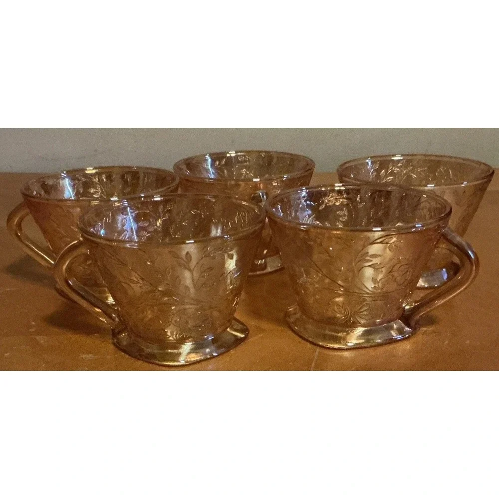 Vtg Set Of 5 Jeanette Glass Floragold‎ Louisa Depression Tea/Coffee Cups
